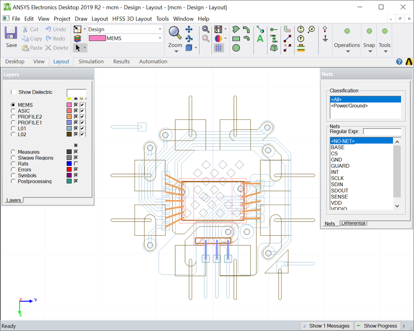 top view (in outline mode) of the imported mcm as shown in Electronic Desktop.