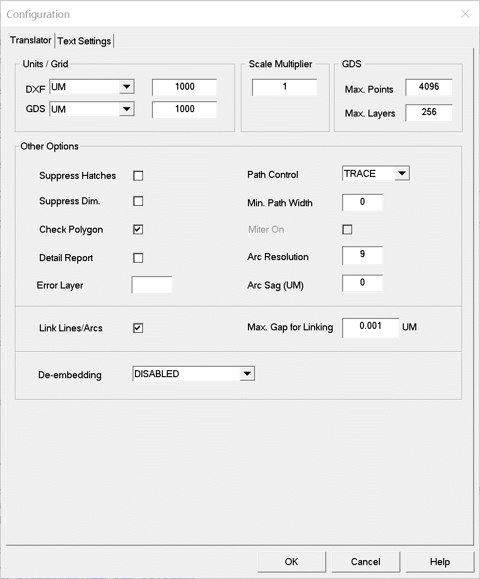 DXF2GDS Configuration Dialog