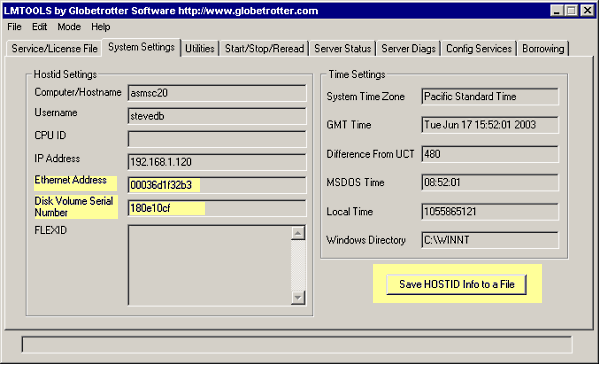 lmtools System Settings displays your machine's ethernet address and disk ID.