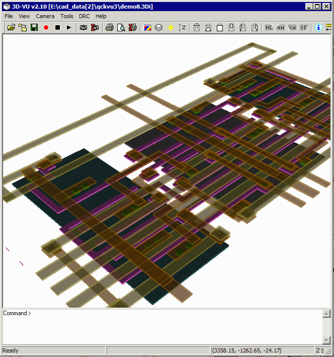 Results of extracting a 2 metal layer chip to 3D, displayed by 3DVU.