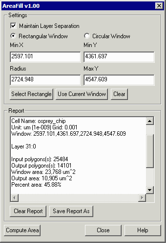 Area Fill Dialog Box with coordinates and results