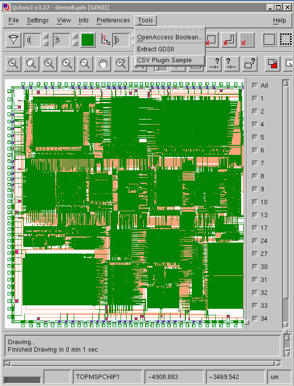 Qckvu3 main display with Tools drop down menu to select CSV reader.