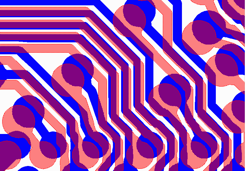 example of two GDSII files - red is the original data and blue has had a bilinear correction applied to compensate for substrate expansion.