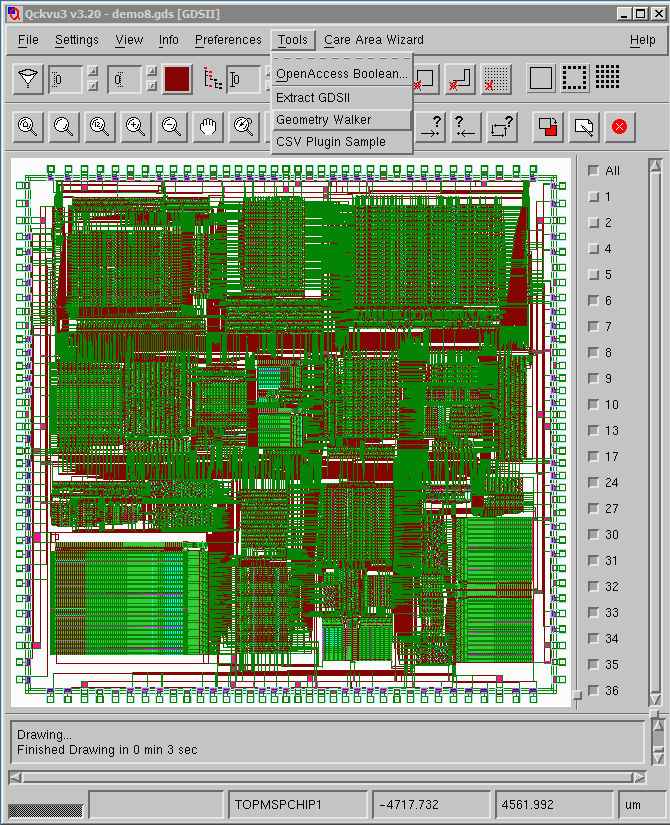 Qckvu3 main display with Tools drop down menu to select Geometry Walker.