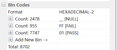 Change bin code 32 to 01 (PASS) and bin code 33 to FF (FAIL)