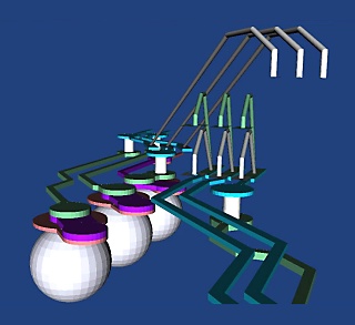 close up view showing conductors, wires, vias and solder balls.