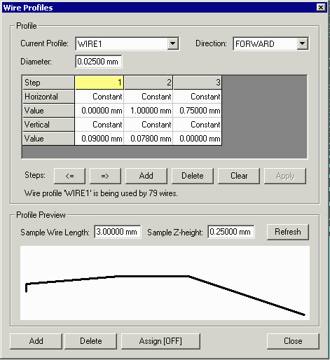 3DVU's wire profile dialog box