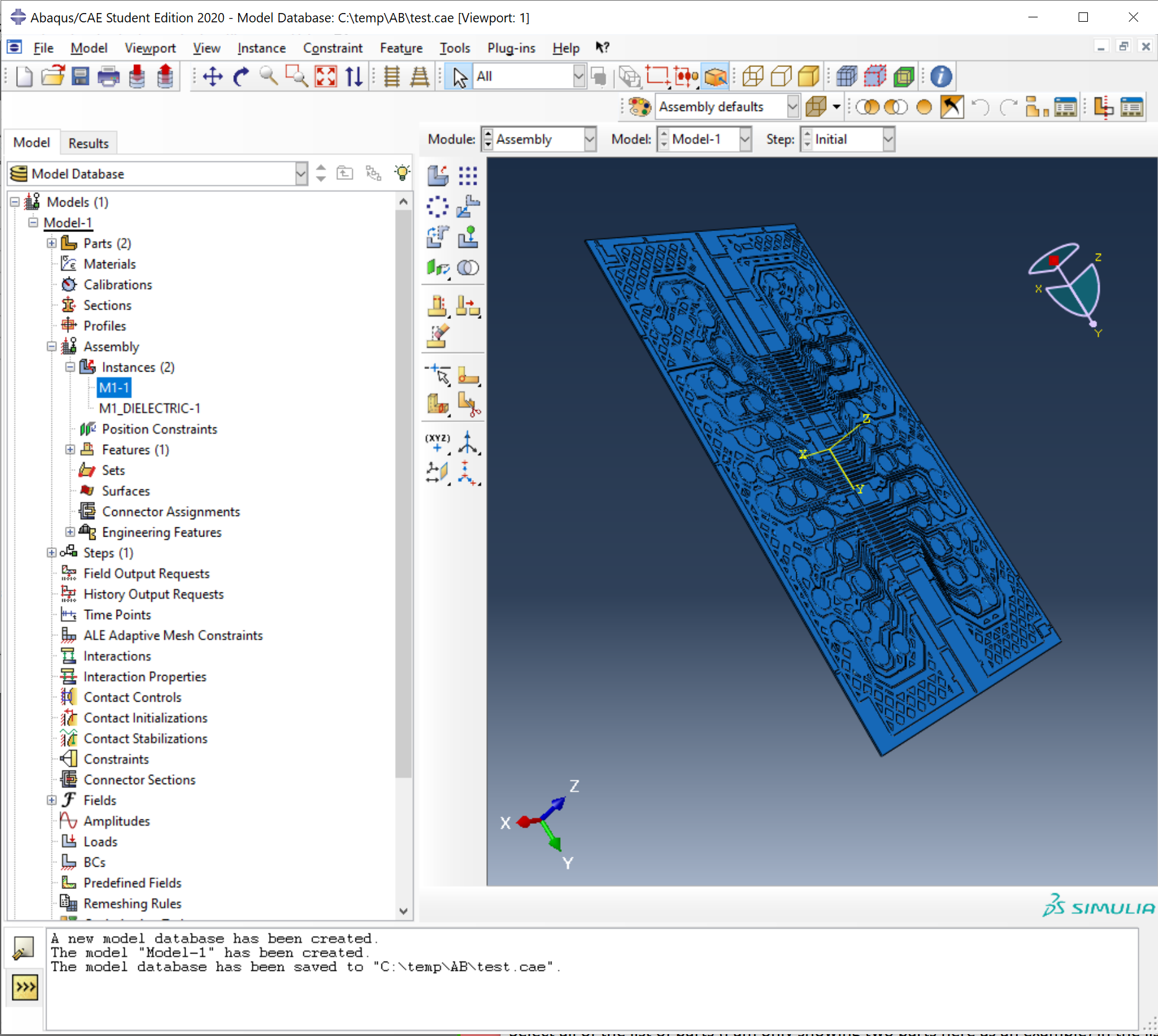 Abaqus display of the assembled model.