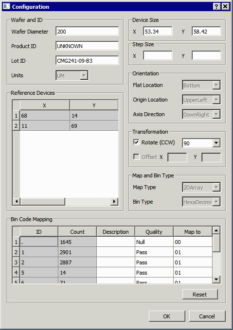 the configuration dialog enables the user to modify the bin code mapping or to perform rotation.