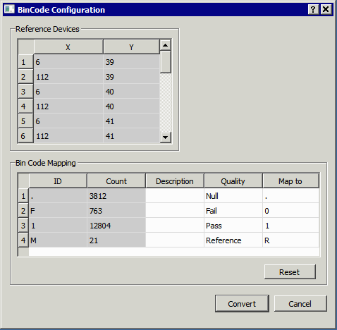 the dialog shows the user the bin code mapping from E142 to 0/1.