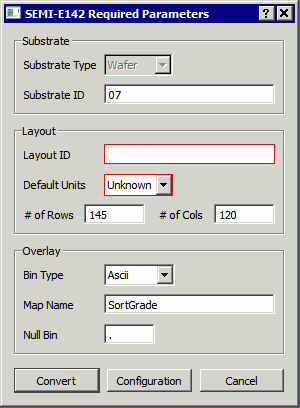the dialog shows the user two mandatory parameters required for E142 output.