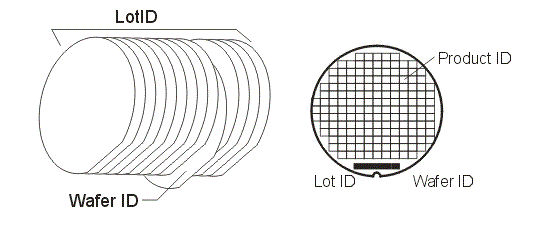 wafers are processed as a group known as a lot. Each individual wafer has an ID. The lot number and wafer number are etched into the silicon to keep track of things.