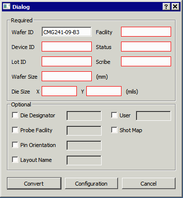 after scanning the input, the user will need to fill in a number of missing parameters. Those shown in red are mandatory for correct WWF output.