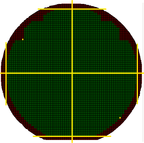 display of a typical wafer map with lines showing where it would be sliced to fit on 200 mm equipment.