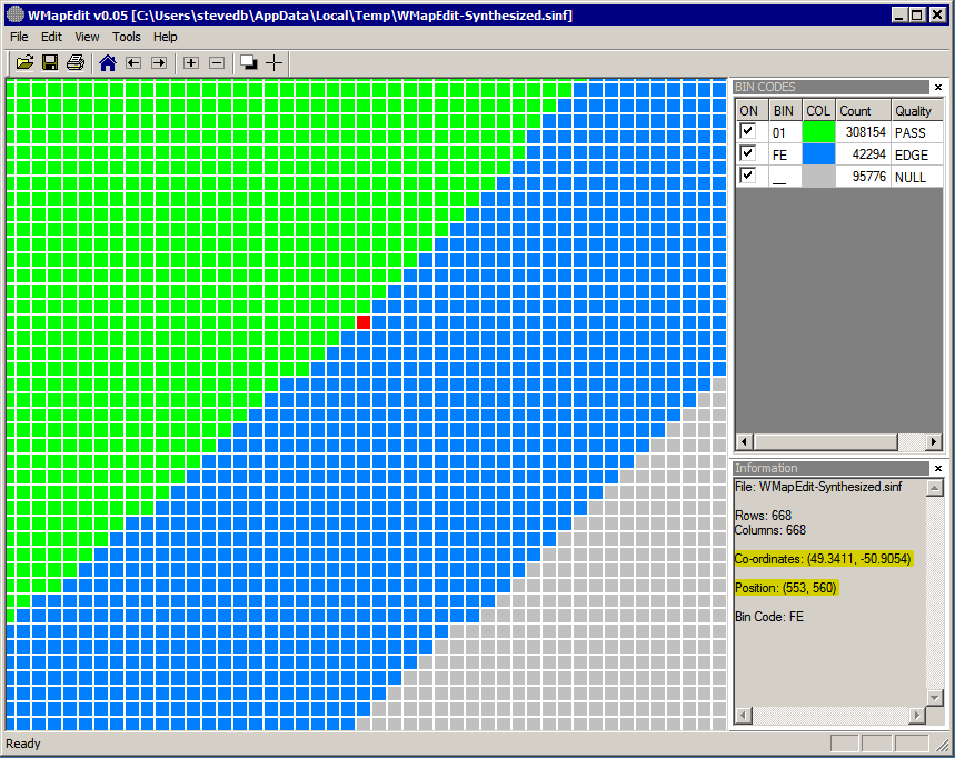 The user can zoom in and select a die -- the readout will show both the array position and the physical location on the wafer.