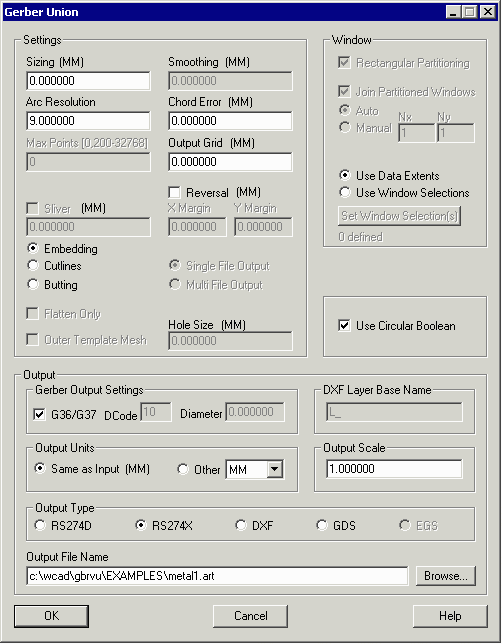 GBRUnion configuration and execution dialog box