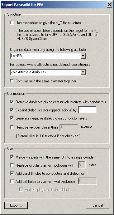 the dialog box used to export parasolids for FEA applications.