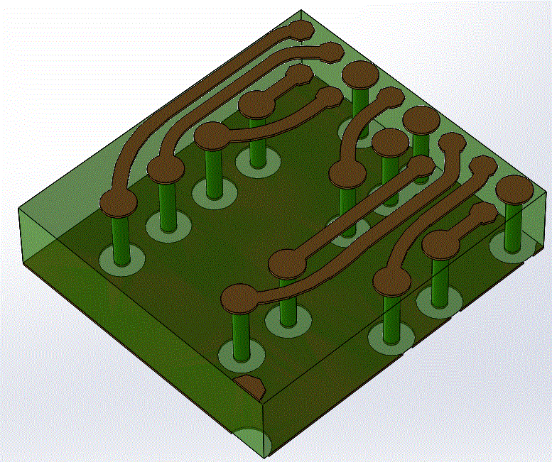 view of two copper layers with dielectric and drills.