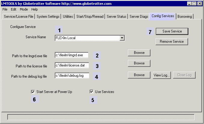 lmtools dialog box for configuring lmtools as a service.